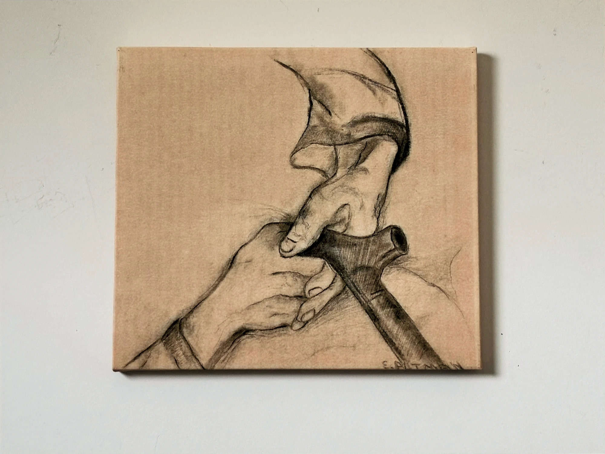 A monochrome study of a hand grasping a curved handle, with carefully shaded fingers and folds. My Mothers Hand, by Evelyn Altman.