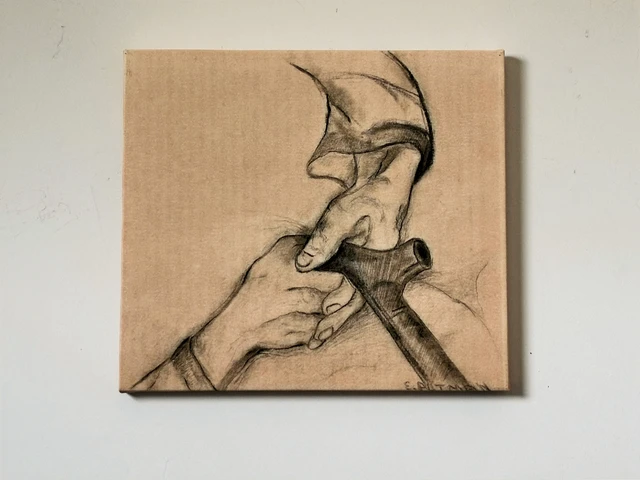 A monochrome study of a hand grasping a curved handle, with carefully shaded fingers and folds. My Mothers Hand, by Evelyn Altman.