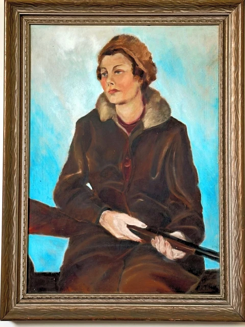 A seated woman in a brown coat holding a long gun across her lap against a pale blue background. Huntress, by Evelyn Altman.