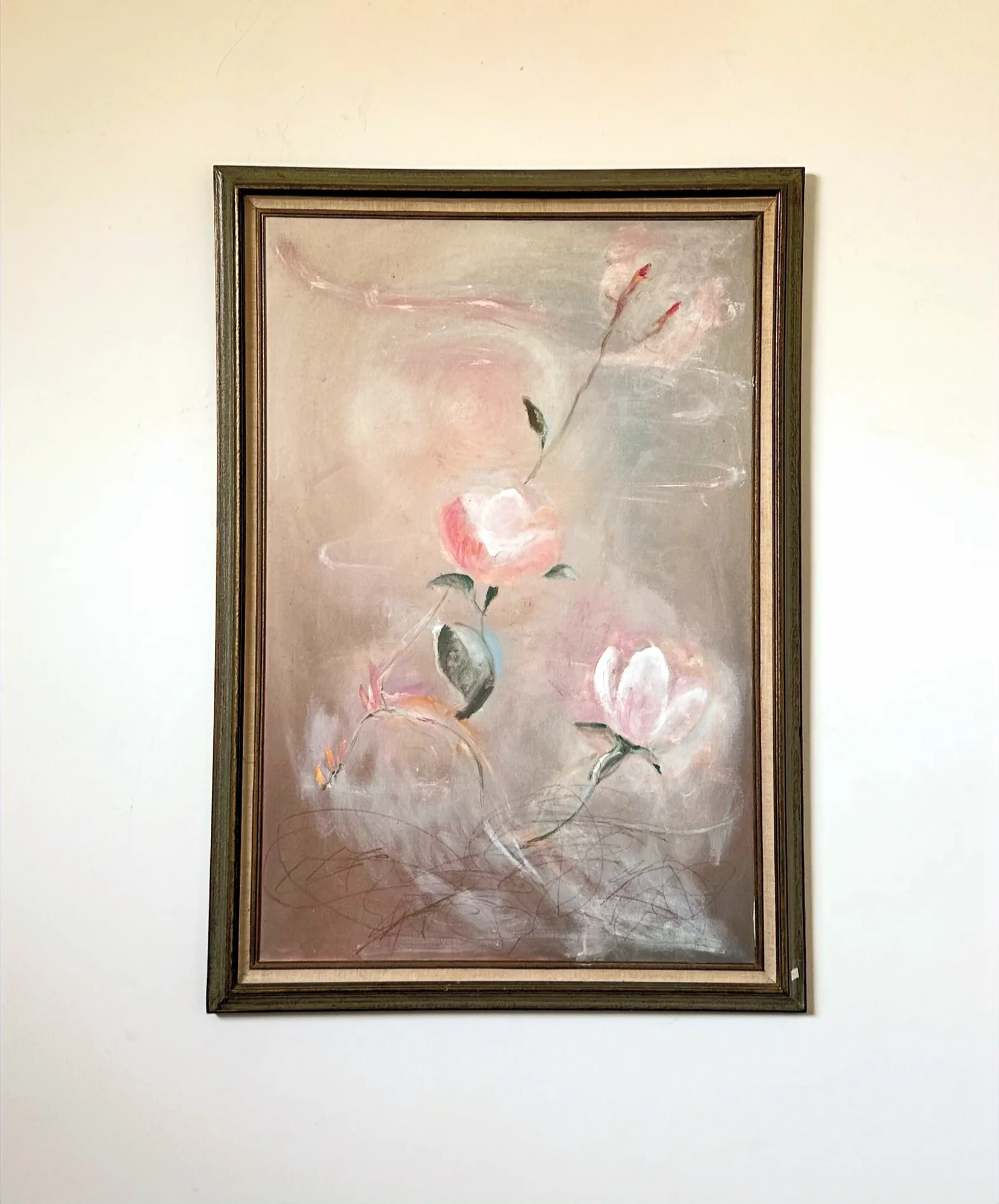 Delicate pink blossoms and slender stems rising across a soft gray and rose background. As a Flower, by Evelyn Altman.
