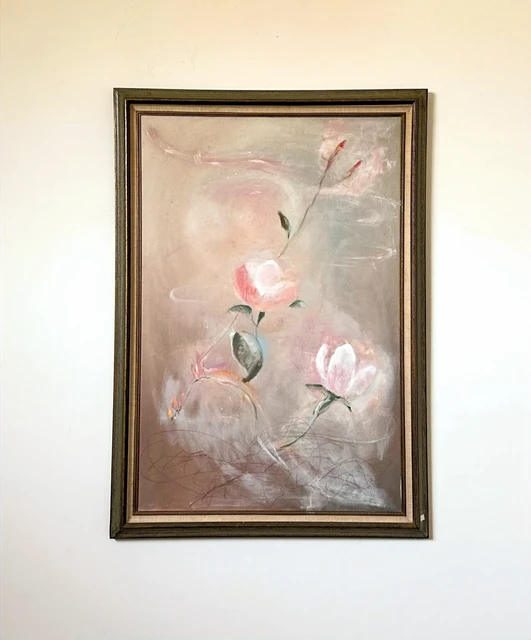 Delicate pink blossoms and slender stems rising across a soft gray and rose background. As a Flower, by Evelyn Altman.