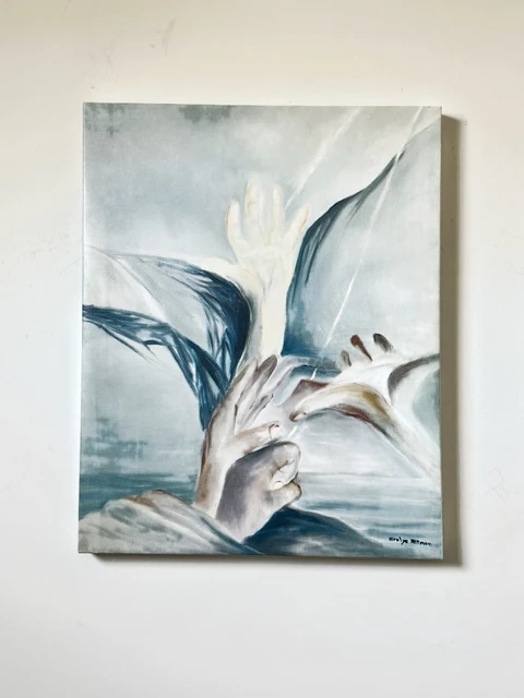 Pale outstretched hands and sweeping dark leaf-like forms against a cloudy gray background. Reaching For God, by Evelyn Altman.