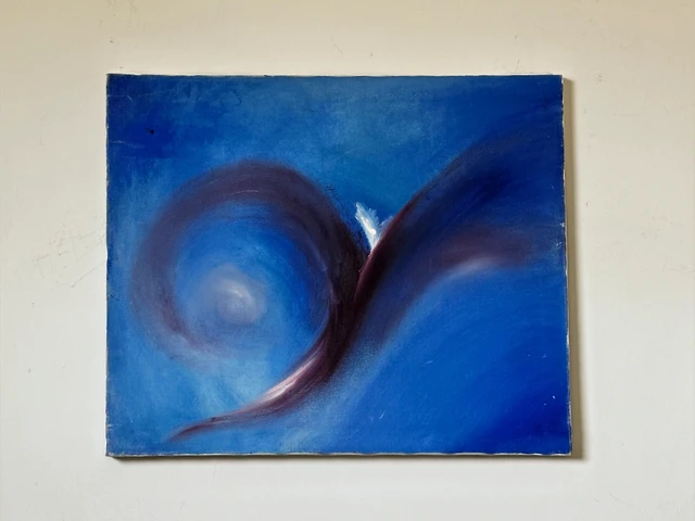 Two curved purple forms unfurling across a luminous field of blue. Wonderous World, by Evelyn Altman.