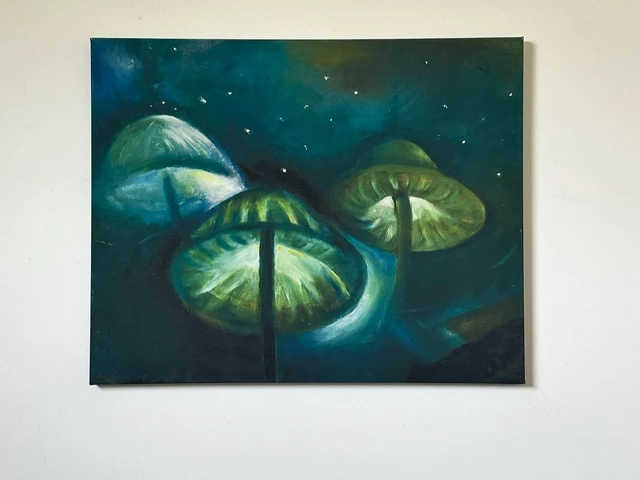 Glowing green mushroom caps floating against a dark teal, star-speckled background. Incandescent Mushrooms, by Evelyn Altman.