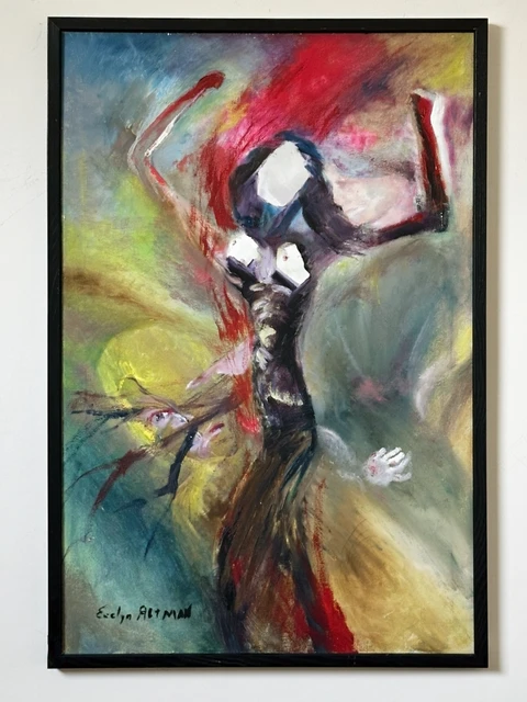 An abstract figure with a rounded belly surrounded by sweeping red, green and charcoal forms. Pregnancy, by Evelyn Altman.