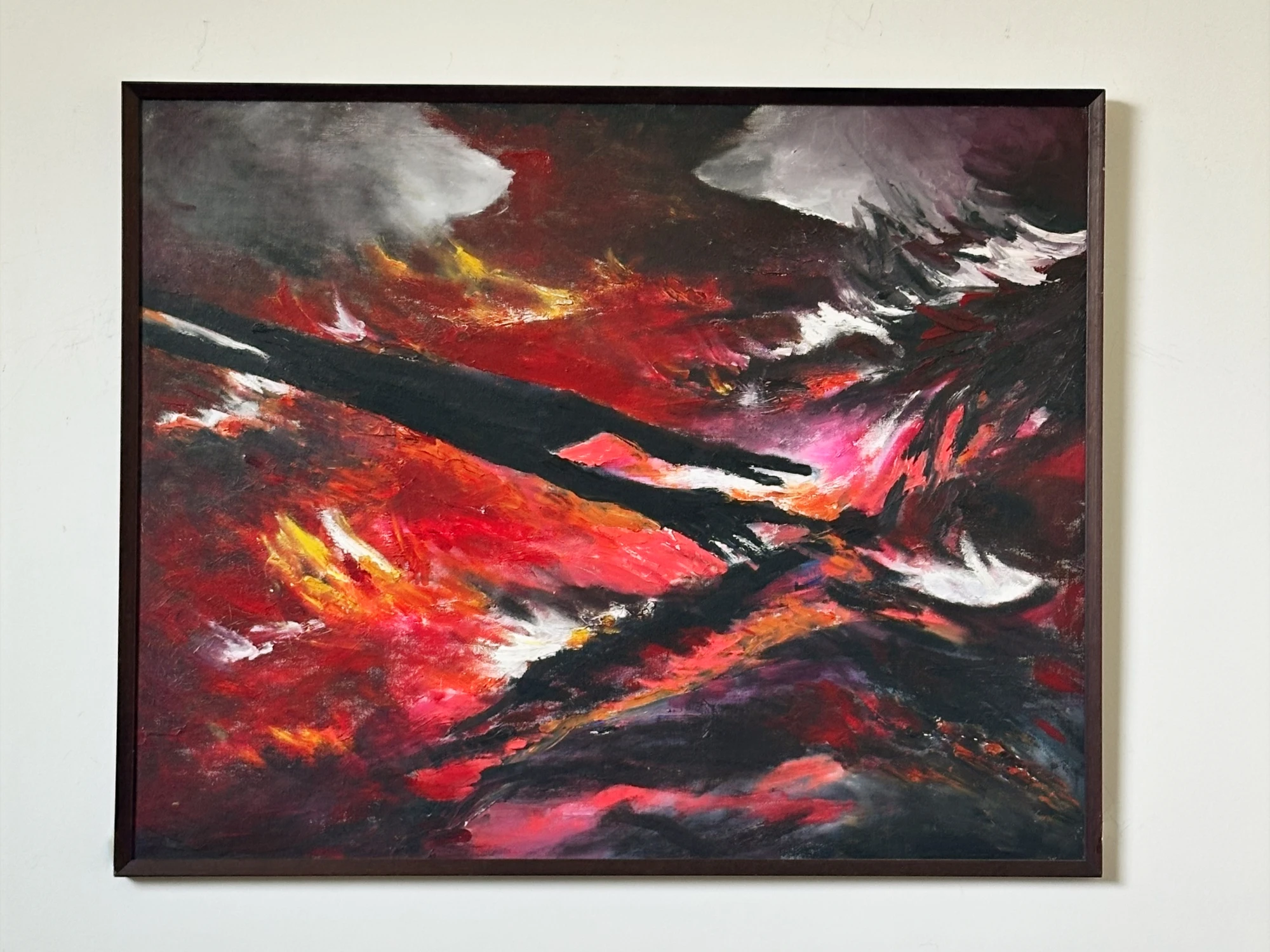 Dark, wing-like strokes crossing a fiery red and orange field beneath patches of white. Far Reaches of The Mind, by Evelyn Altman.