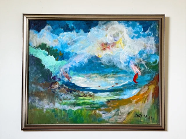 A swirling blue and white sky over green land and a small red sail-like shape. Abstract, by Evelyn Altman.