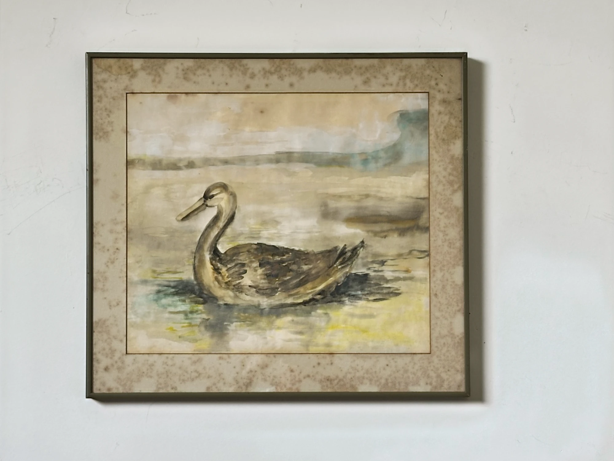 A brown waterbird with a long curved neck swimming on pale yellow-green water. Water Foul Swimming in The water, by Evelyn Altman.