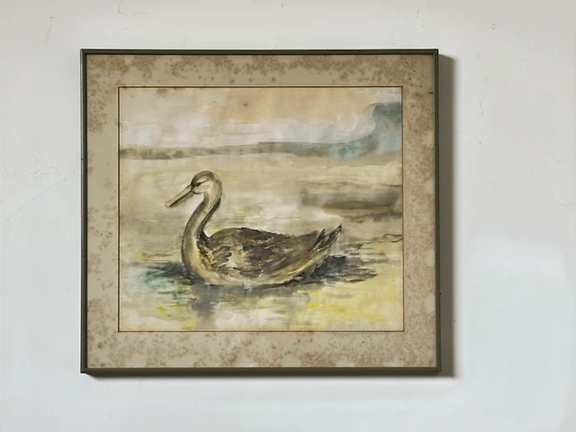 A brown waterbird with a long curved neck swimming on pale yellow-green water. Water Foul Swimming in The water, by Evelyn Altman.