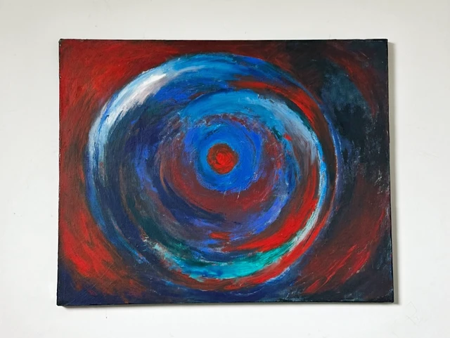 Concentric strokes of vivid blue and red circling a red center on a dark red field. Power, by Evelyn Altman.