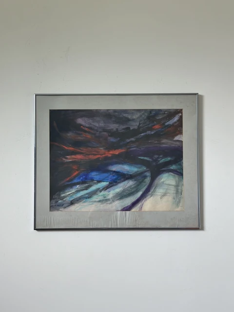 Interlaced dark branches and angular strokes of purple, blue and russet on a pale field. Abstract, by Evelyn Altman.