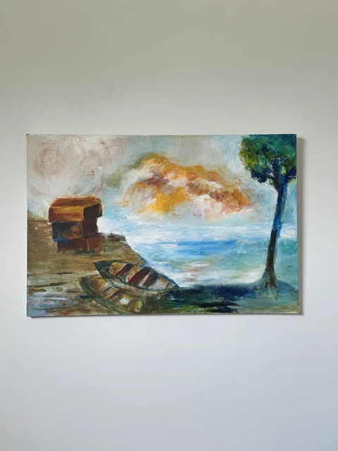 A small boat landing beneath dark branches, with orange and blue reflections in the water. The Old Boat Landing, by Evelyn Altman.