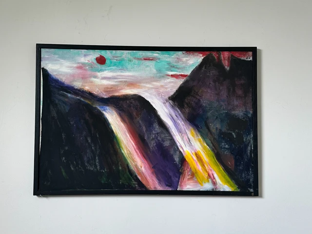 Luminous ribbons of white, pink and gold water falling between dark mountains beneath a small red sun. Feather River Flowing, by Evelyn Altman.