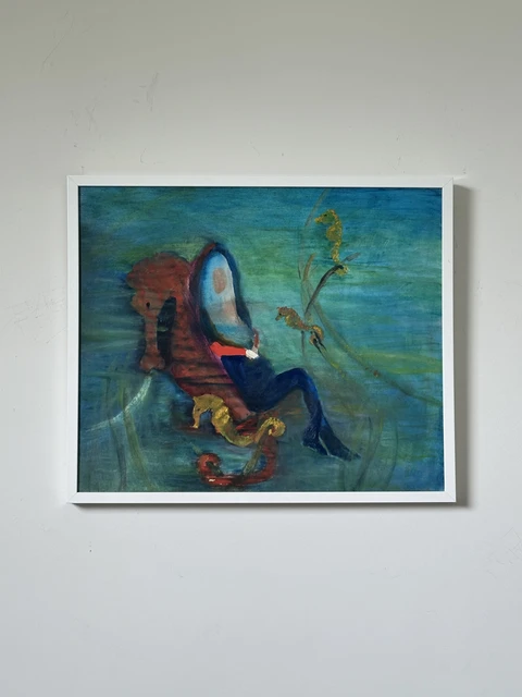 An imagined seahorse-like creature with curling limbs floating across a textured blue-green field. Sea Horse Fantasy, by Evelyn Altman.