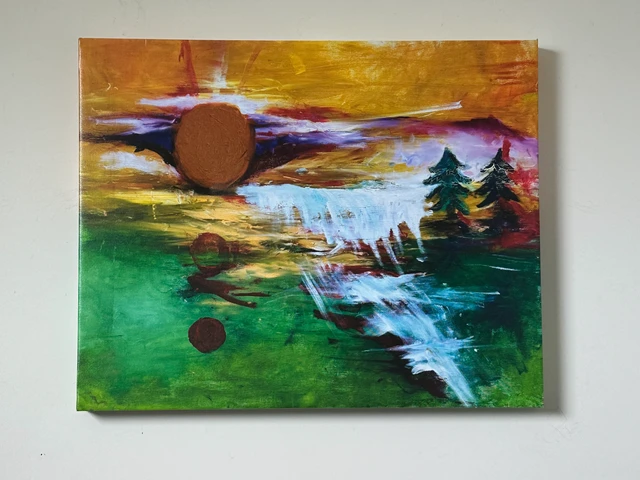 A dark sun in a golden sky over a green lagoon, a white waterfall and silhouetted trees. Sunshine Over Green Lagoon, by Evelyn Altman.