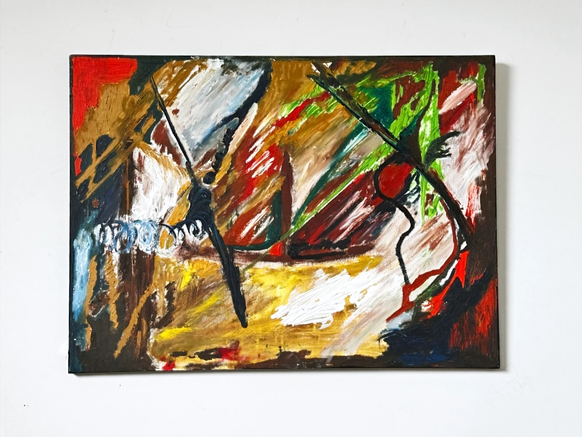 A dense arrangement of angular black, white, yellow, green and red strokes. Abstract, by Evelyn Altman.