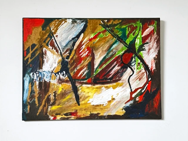 A dense arrangement of angular black, white, yellow, green and red strokes. Abstract, by Evelyn Altman.