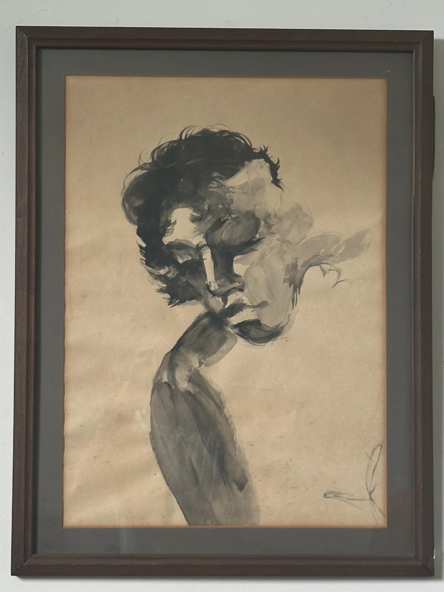 A monochrome portrait of a woman looking downward, with loosely shaded dark hair and shoulders. Black Woman, by Evelyn Altman.