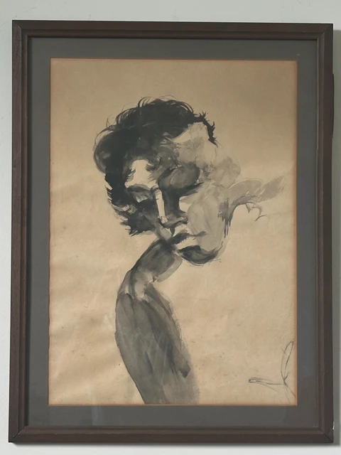 A monochrome portrait of a woman looking downward, with loosely shaded dark hair and shoulders. Black Woman, by Evelyn Altman.