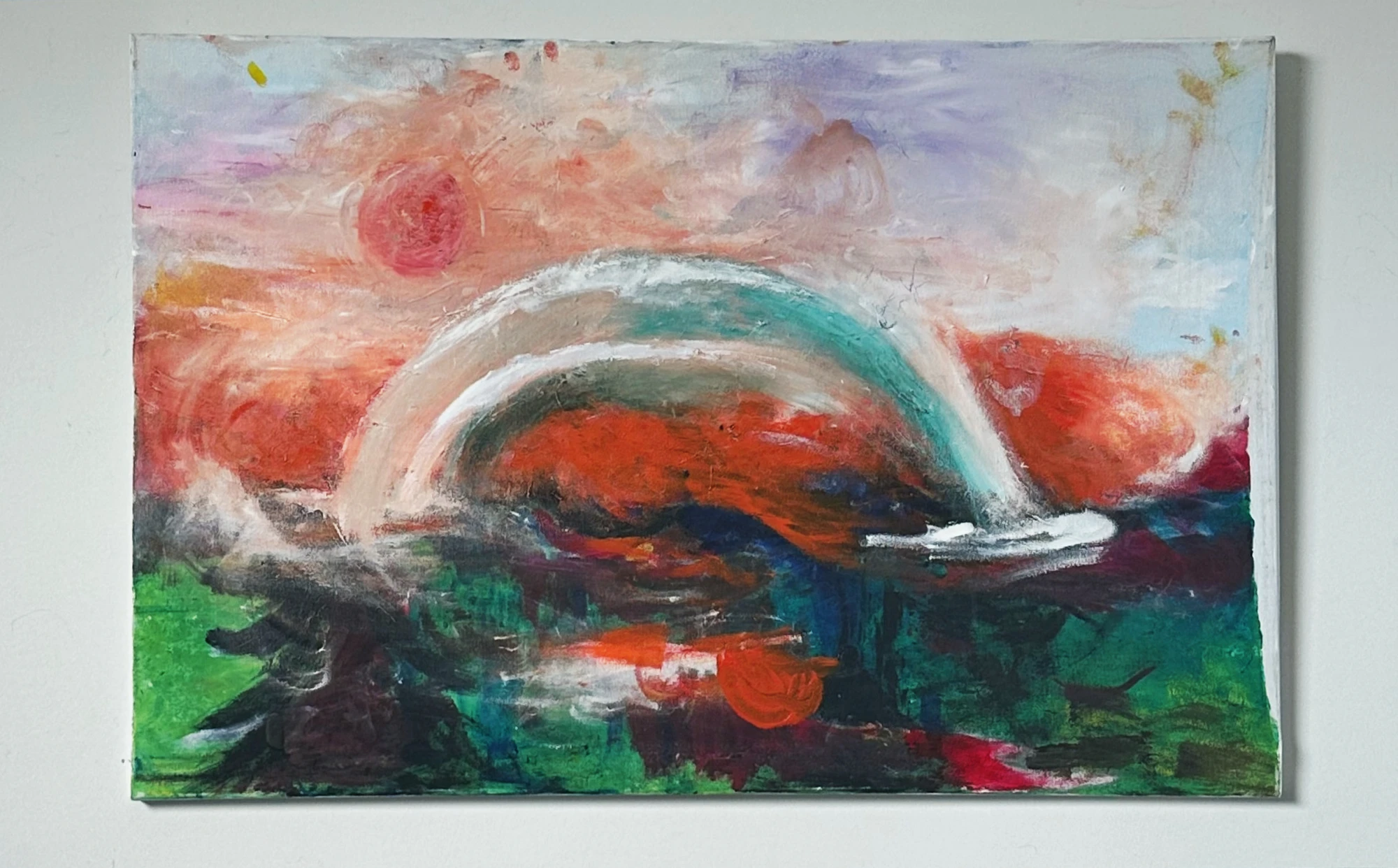 A glowing arch rising over red and green water beneath a pale pink sky and red sun. In The Beginning, by Evelyn Altman.
