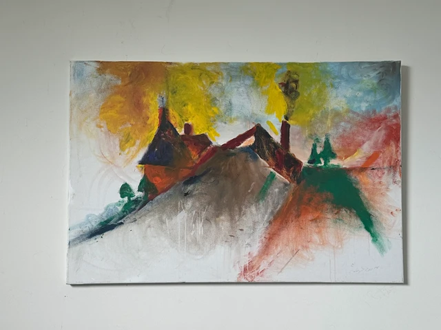 A small house nestled among angular mountain peaks in washes of orange, green and gray. House in The Mountains, by Evelyn Altman.
