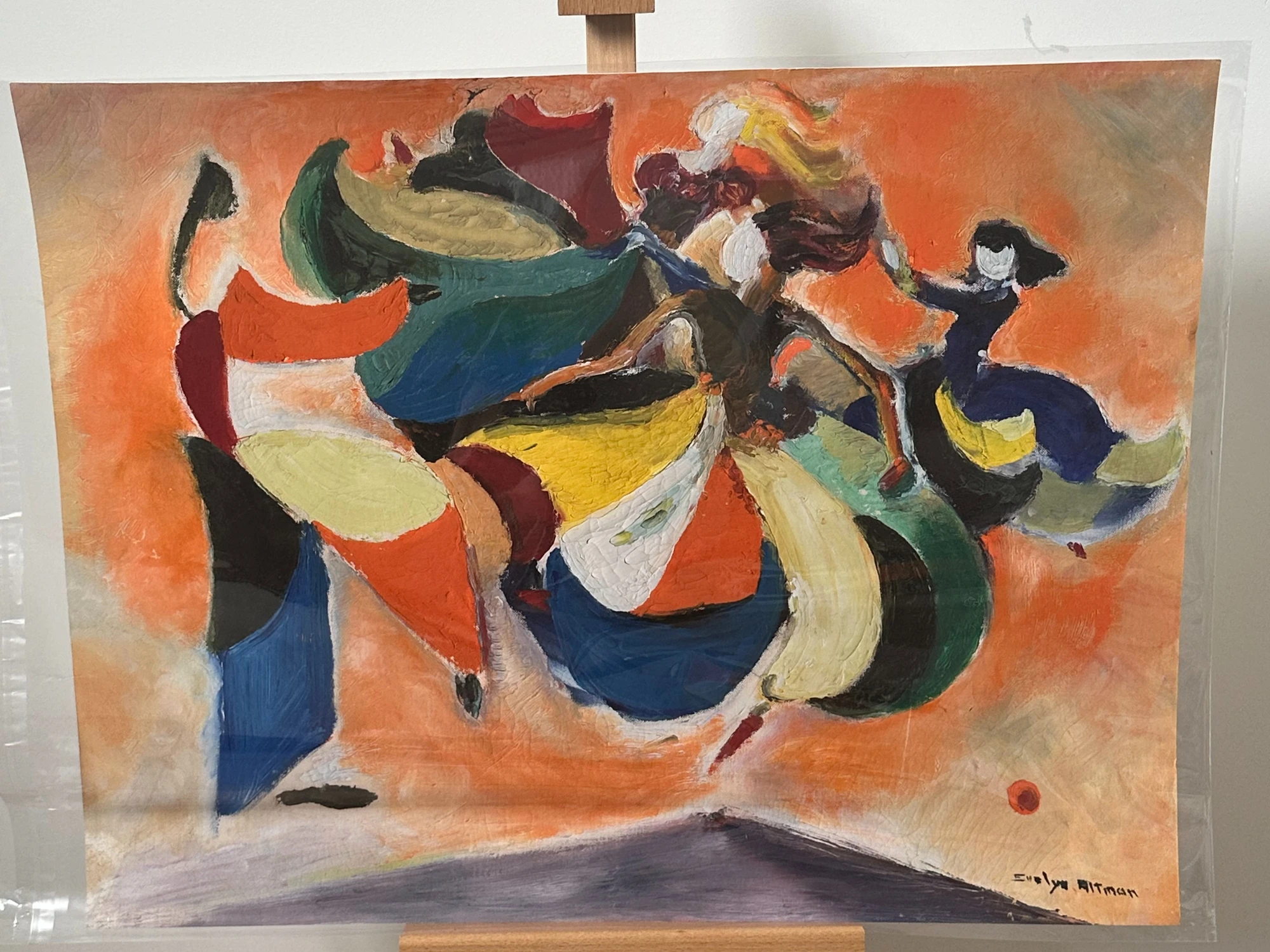 A group of stylized dancers in red, cream, blue and green, moving across a warm orange background. Dancers, by Evelyn Altman.