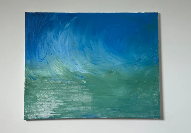 Curving blue strokes sweeping over a textured green field like wind over water. Abstract, by Evelyn Altman.