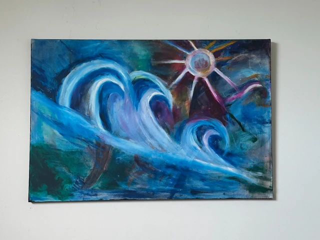 Cresting electric-blue waves beneath a radiant orb and angular violet mountains. New Inspiration, by Evelyn Altman.