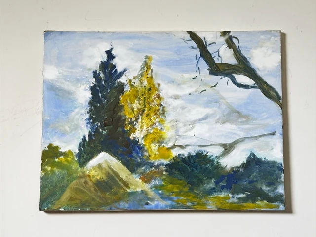 A rocky stream bordered by yellow-green trees and dark branches beneath a pale sky. Nature Illusion, by Evelyn Altman.