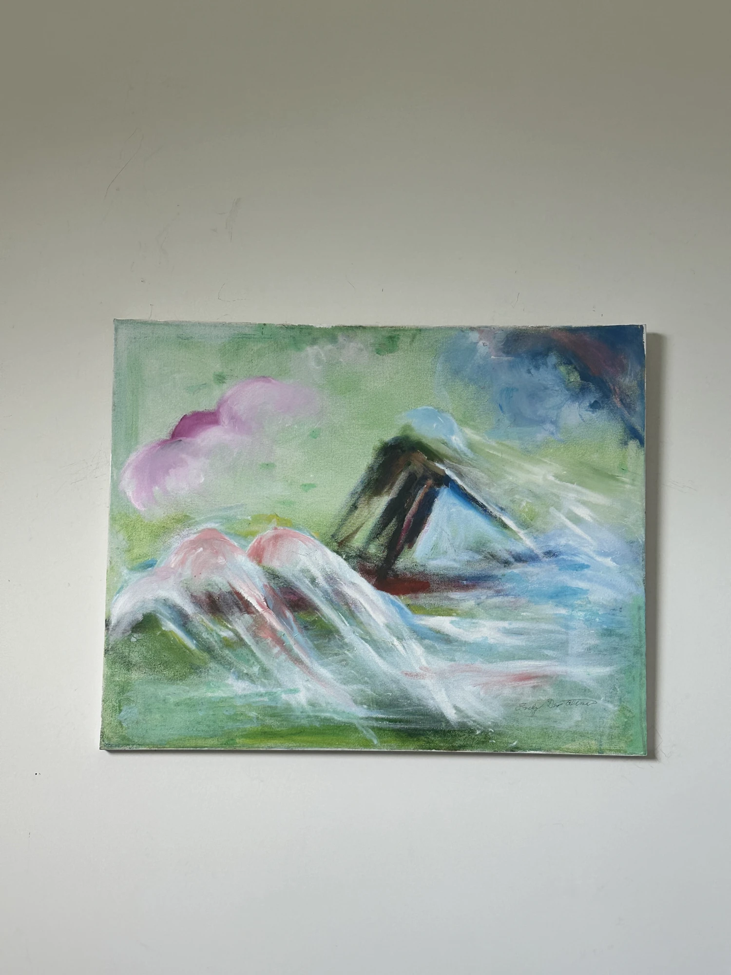 A dark angular form surrounded by sweeping pale blue, white, green and pink strokes. What is it?, by Evelyn Altman.
