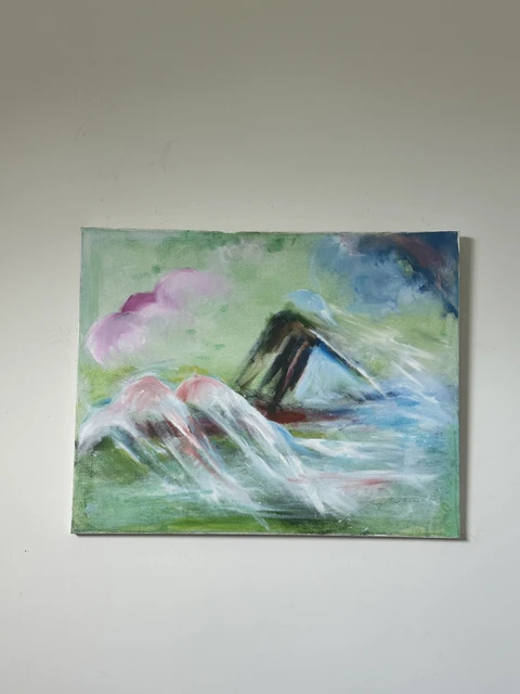 A dark angular form surrounded by sweeping pale blue, white, green and pink strokes. What is it?, by Evelyn Altman.