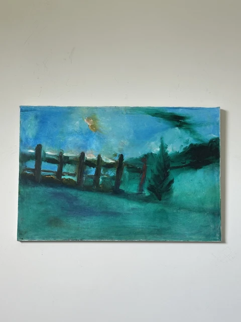 Dark fence posts stretching across a turquoise hillside, beside a small tree and distant shadowy forms. China Camp Hillside Calif, by Evelyn Altman.