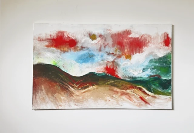 Dark undulating hills beneath a scattered red and white sky, with pale light across the foreground. The Dying Day, by Evelyn Altman.