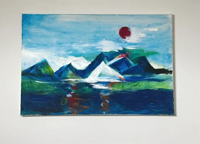 A chain of blue and green mountain peaks reflected in water beneath a small red sun. Sun Over The Mountains, by Evelyn Altman.