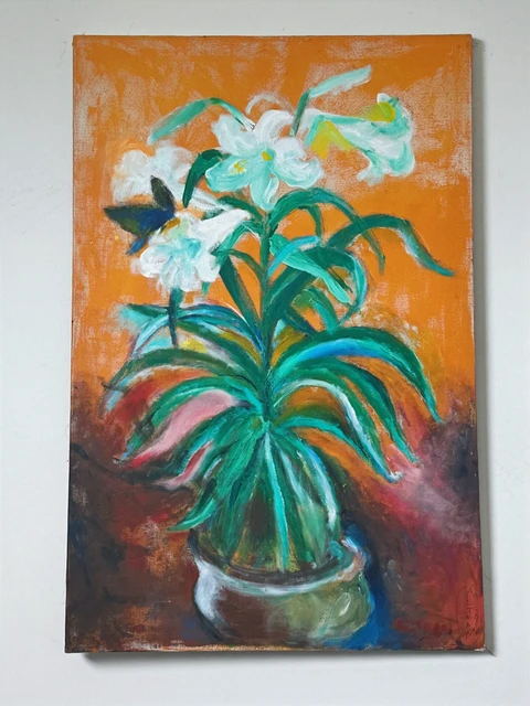 Tall white lilies and long green leaves in a rounded vase against an orange background. Tiger Lilies, by Evelyn Altman.
