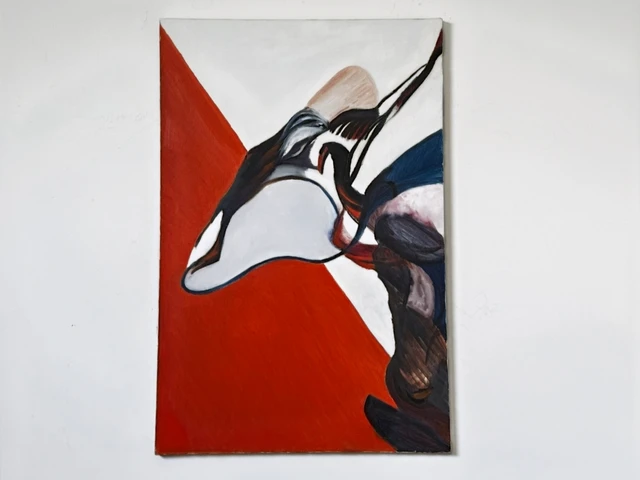 A sharply outlined abstract form in black and cream crossing a red and white background. Dimensions Unknown, by Evelyn Altman.