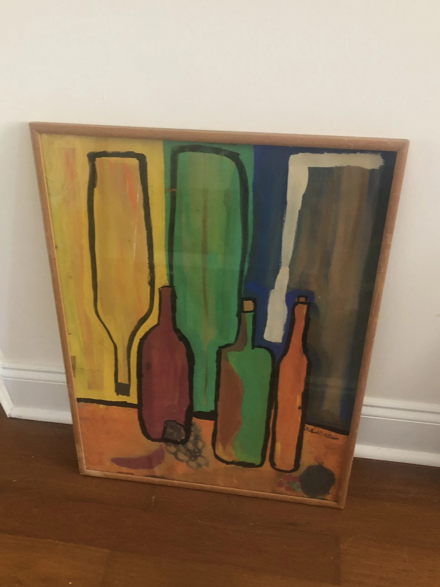 A still life of three bottles and three tall glasses in green, ochre and rust against broad yellow and dark blue bands. The Drunk Artist, by Laida Altman.