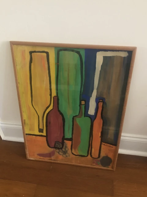 A still life of three bottles and three tall glasses in green, ochre and rust against broad yellow and dark blue bands. The Drunk Artist, by Laida Altman.