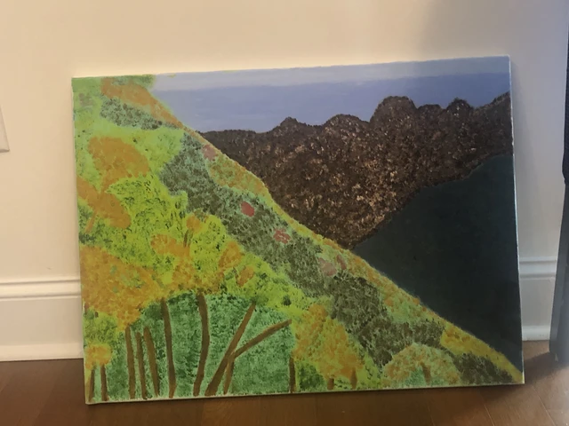 Layered green and golden trees beside dark mountain slopes under a lavender-blue sky. The Forest, by Laida Altman.