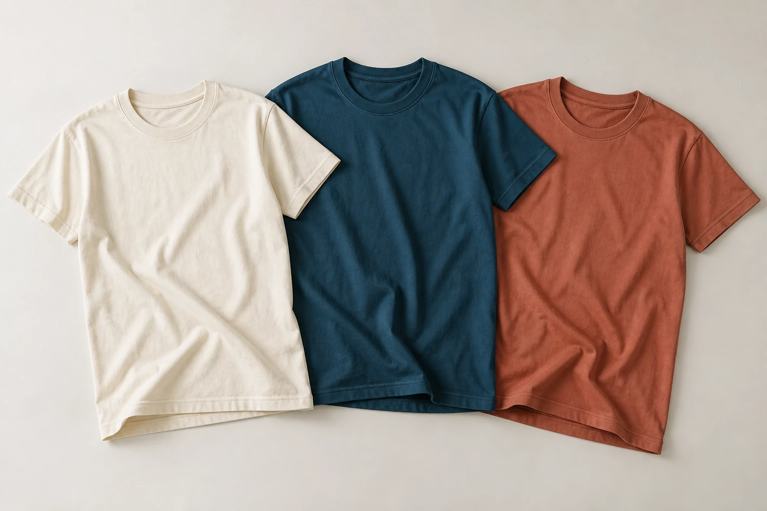 Placeholder mockup of three plain T-shirts in cream, teal, and terracotta; actual products may differ